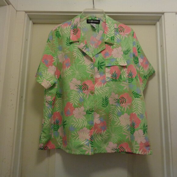 TROPICAL PARADISE GIRL LIME W PINK FLOWERS SHIRT BLOUSE BY SAG HARBOR X LG - Picture 1 of 7